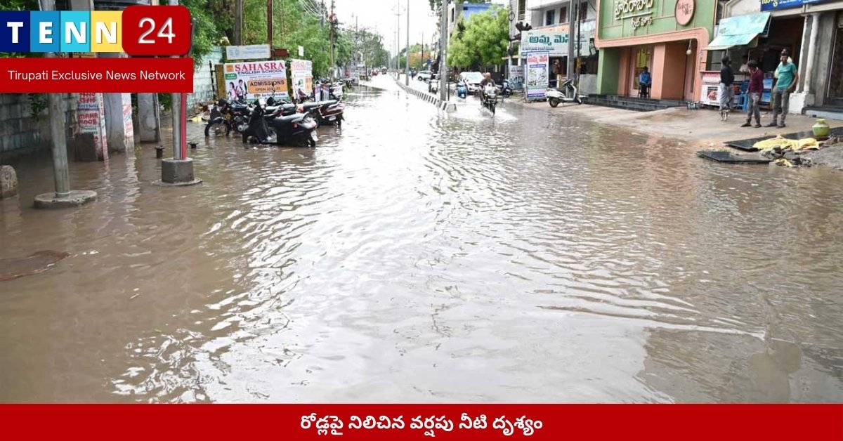 రోడ్లపై నిలిచిన వర్షపు నీటి దృశ్యం